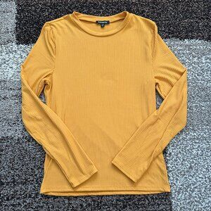 EXPRESS (XL) Mustard Yellow Gold Fitted Ribbed Crew Neck Long Sleeve Tee Top